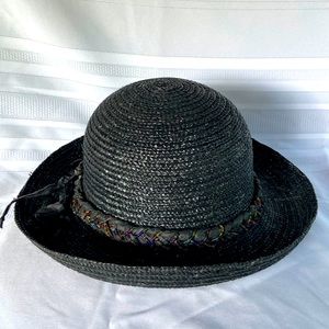 Black Straw Womens Vintage Hat embellished Braided & Multi Colored Beaded Band